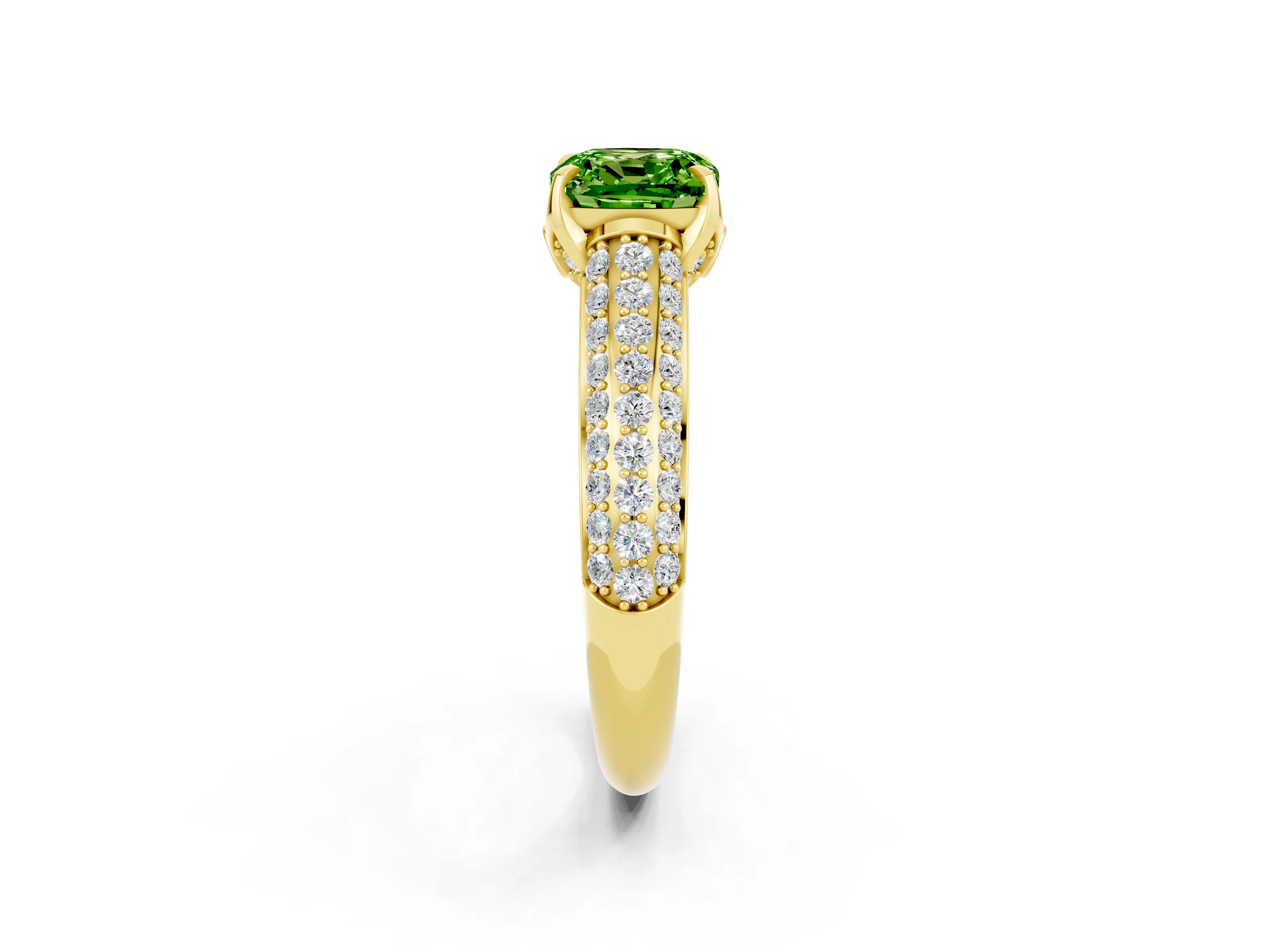 Yellow gold Cushion Cut Peridot Solitaire Ring with Three-Row Pavé Band and Four-Prong Setting_14