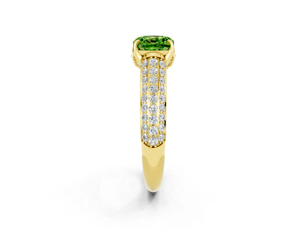Yellow gold Cushion Cut Peridot Solitaire Ring with Three-Row Pavé Band and Four-Prong Setting
