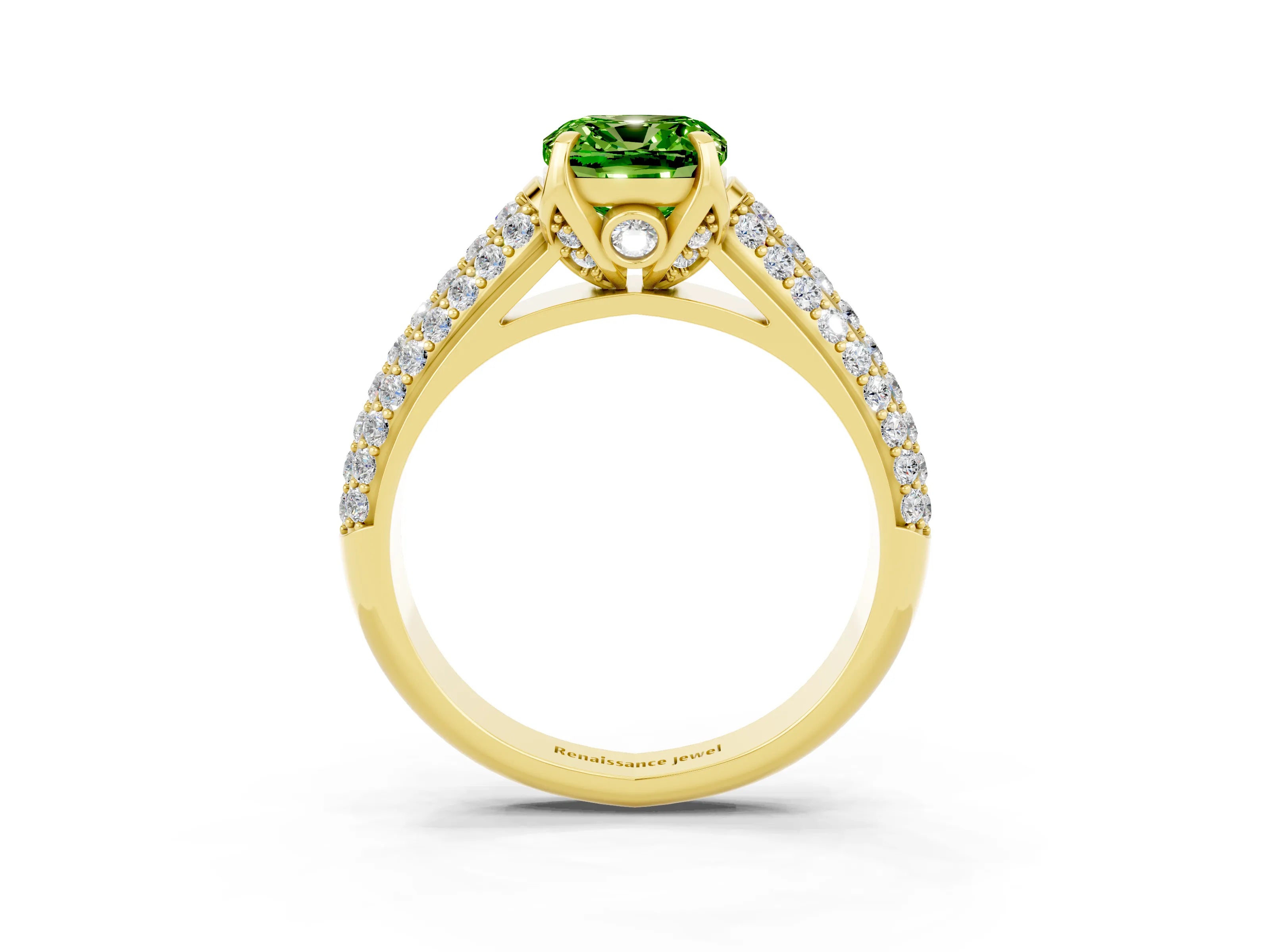 Yellow gold Cushion Cut Peridot Solitaire Ring with Three-Row Pavé Band and Four-Prong Setting_15