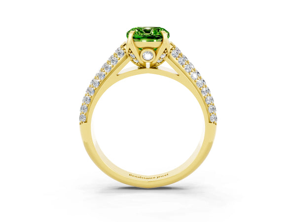Yellow gold Cushion Cut Peridot Solitaire Ring with Three-Row Pavé Band and Four-Prong Setting