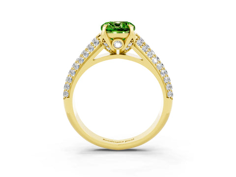 Yellow gold Cushion Cut Peridot Solitaire Ring with Three-Row Pavé Band and Four-Prong Setting_15