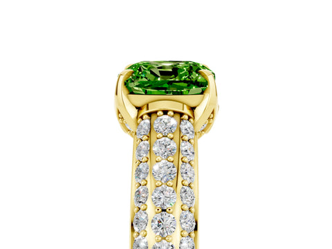Yellow gold Cushion Cut Peridot Solitaire Ring with Three-Row Pavé Band and Four-Prong Setting_17