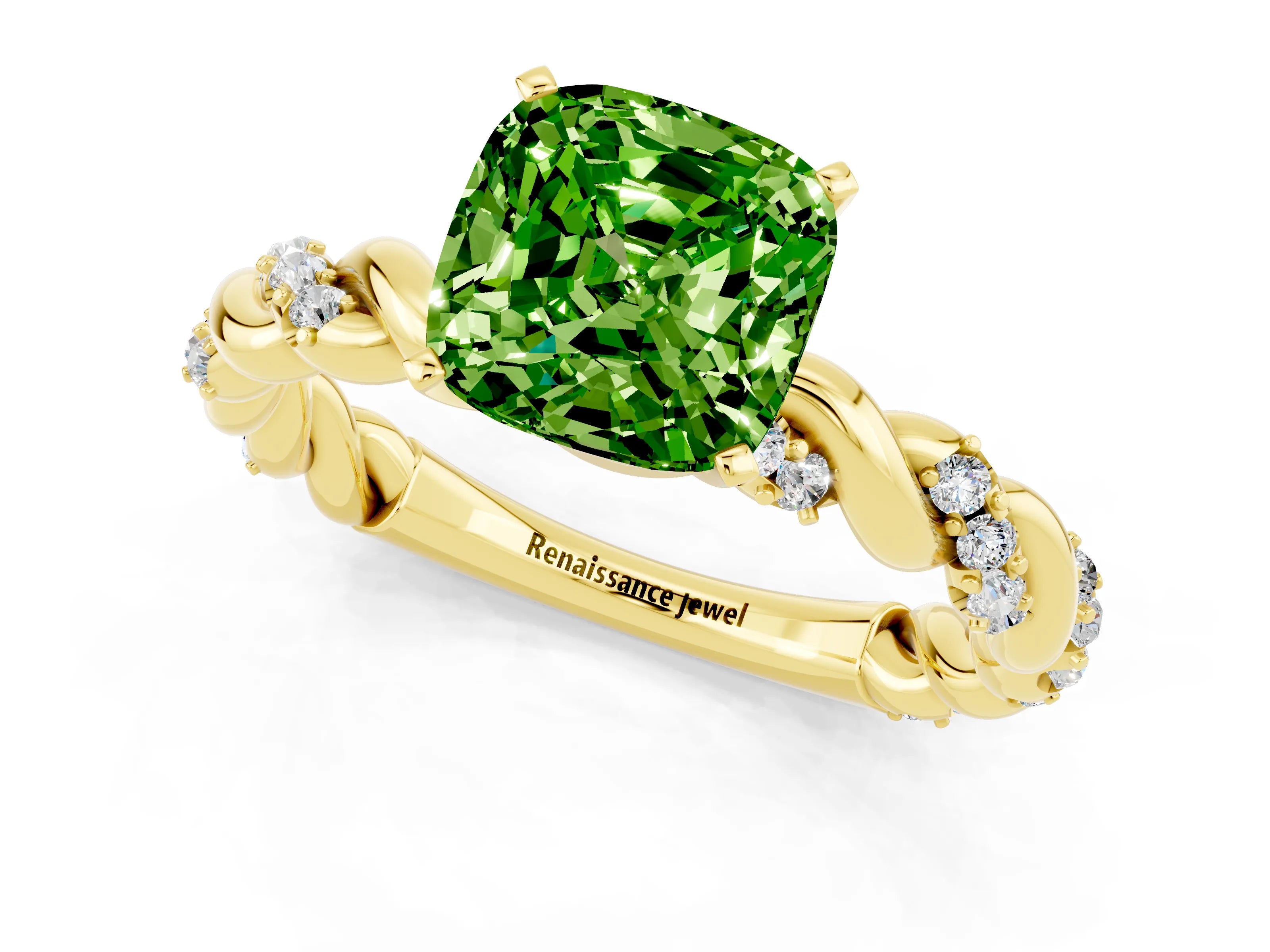 Yellow gold Cushion Cut Peridot Solitaire Ring with Twisted Band and Pavé Accents_1