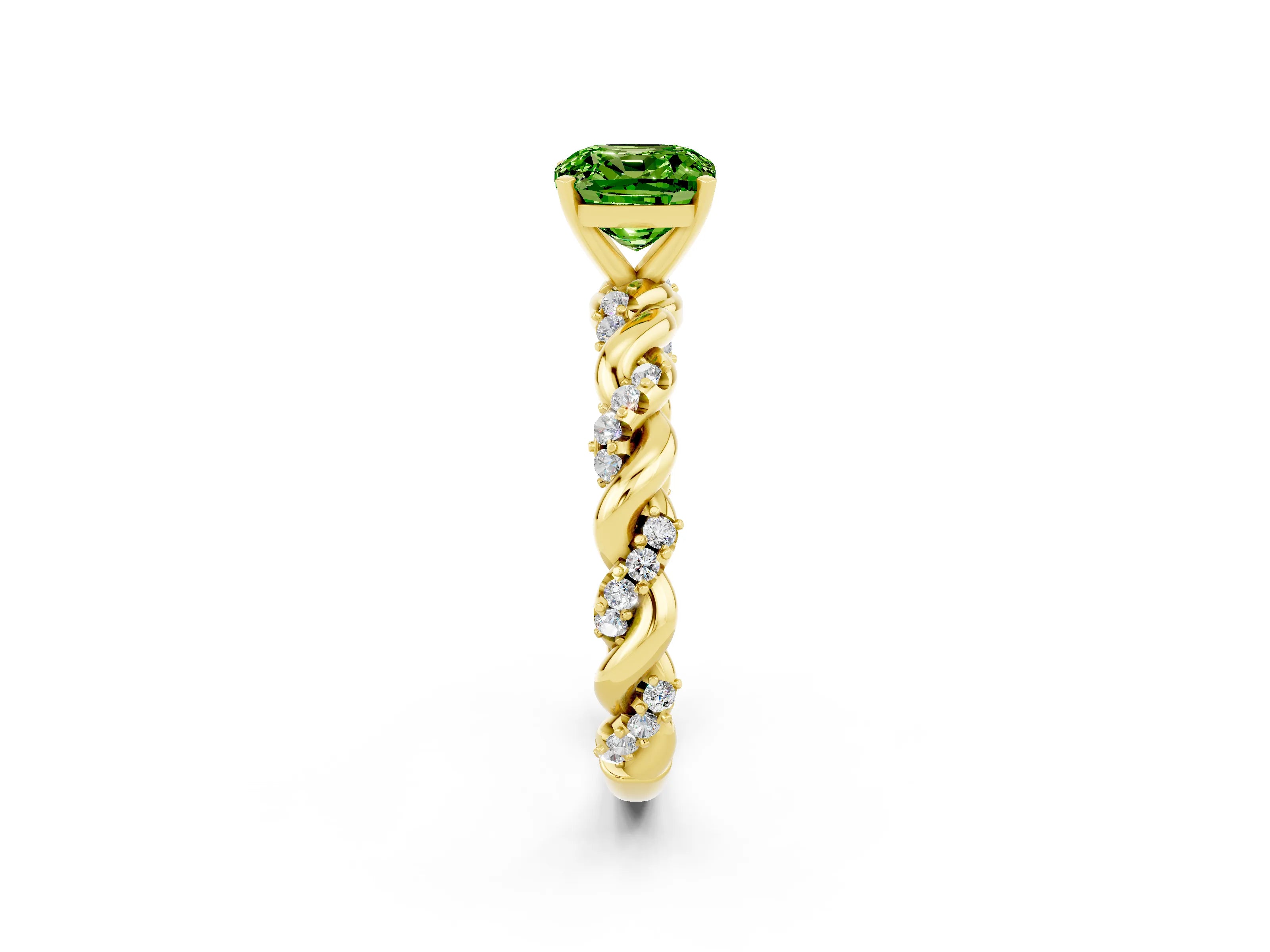 Yellow gold Cushion Cut Peridot Solitaire Ring with Twisted Band and Pavé Accents_2