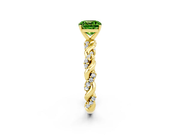 Yellow gold Cushion Cut Peridot Solitaire Ring with Twisted Band and Pavé Accents