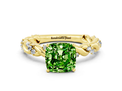 Yellow gold Cushion Cut Peridot Solitaire Ring with Twisted Band and Pavé Accents