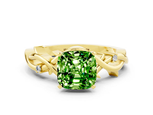 Yellow gold Cushion Cut Peridot Solitaire Ring with Twisted Band and Prong Setting