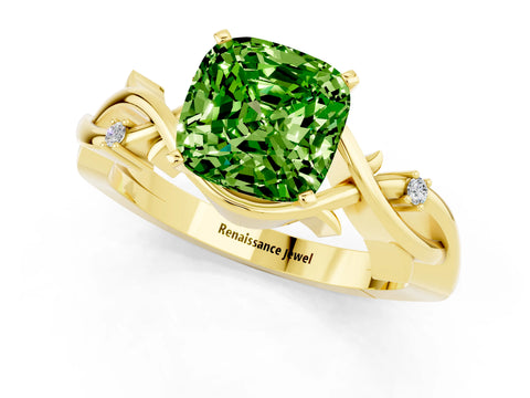 Yellow gold Cushion Cut Peridot Solitaire Ring with Twisted Band and Prong Setting_1