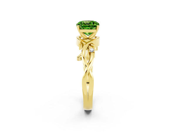 Yellow gold Cushion Cut Peridot Solitaire Ring with Twisted Band and Prong Setting