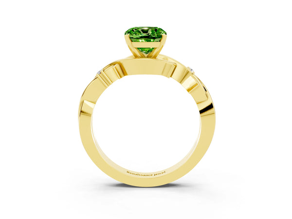 Yellow gold Cushion Cut Peridot Solitaire Ring with Twisted Band and Prong Setting