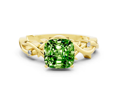 Yellow gold Cushion Cut Peridot Solitaire Ring with Twisted Band and Prong Setting