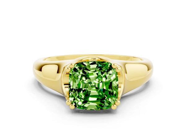 Yellow gold Cushion Cut Peridot Solitaire Ring with Wide Band and Prong Setting
