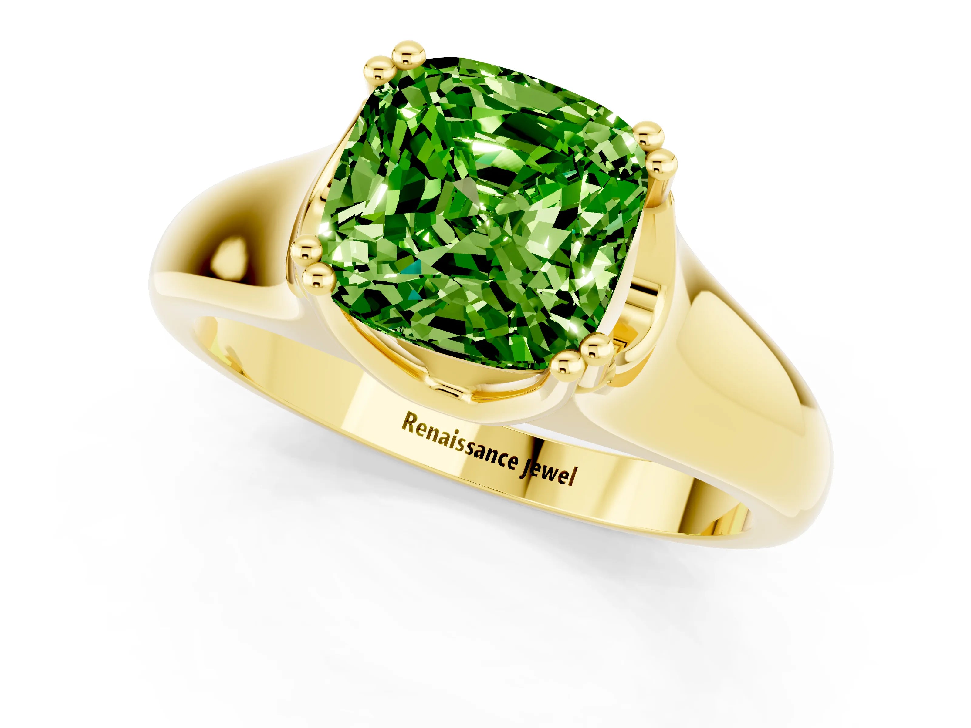 Yellow gold Cushion Cut Peridot Solitaire Ring with Wide Band and Prong Setting_1