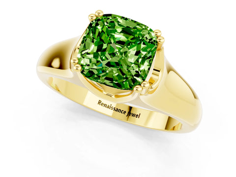 Yellow gold Cushion Cut Peridot Solitaire Ring with Wide Band and Prong Setting_1
