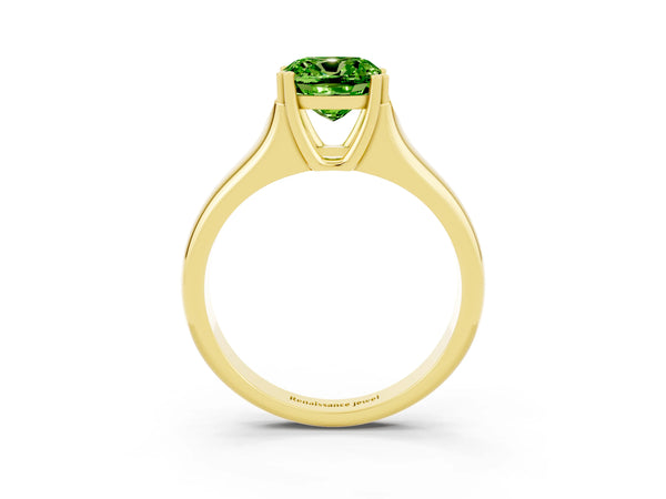 Yellow gold Cushion Cut Peridot Solitaire Ring with Wide Band and Prong Setting