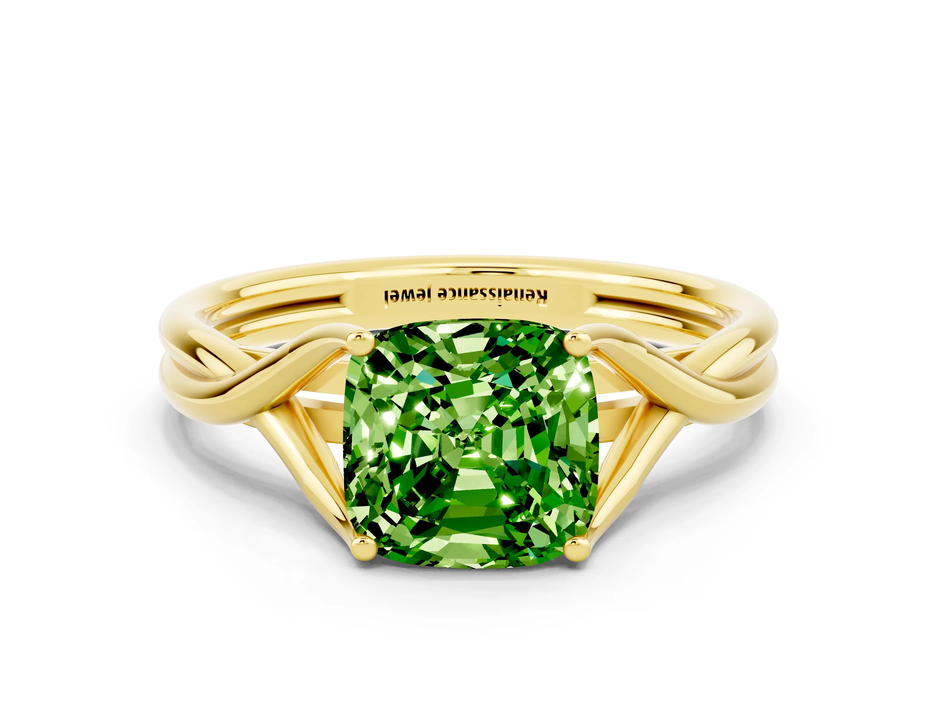 Yellow gold Cushion Cut Peridot Solitaire Twist Band Prong Setting Ring_48