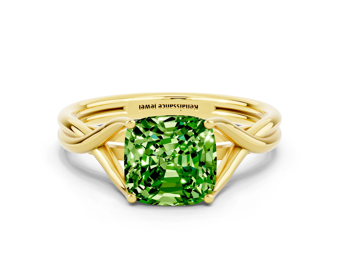 Yellow gold Cushion Cut Peridot Solitaire Twist Band Prong Setting Ring_48