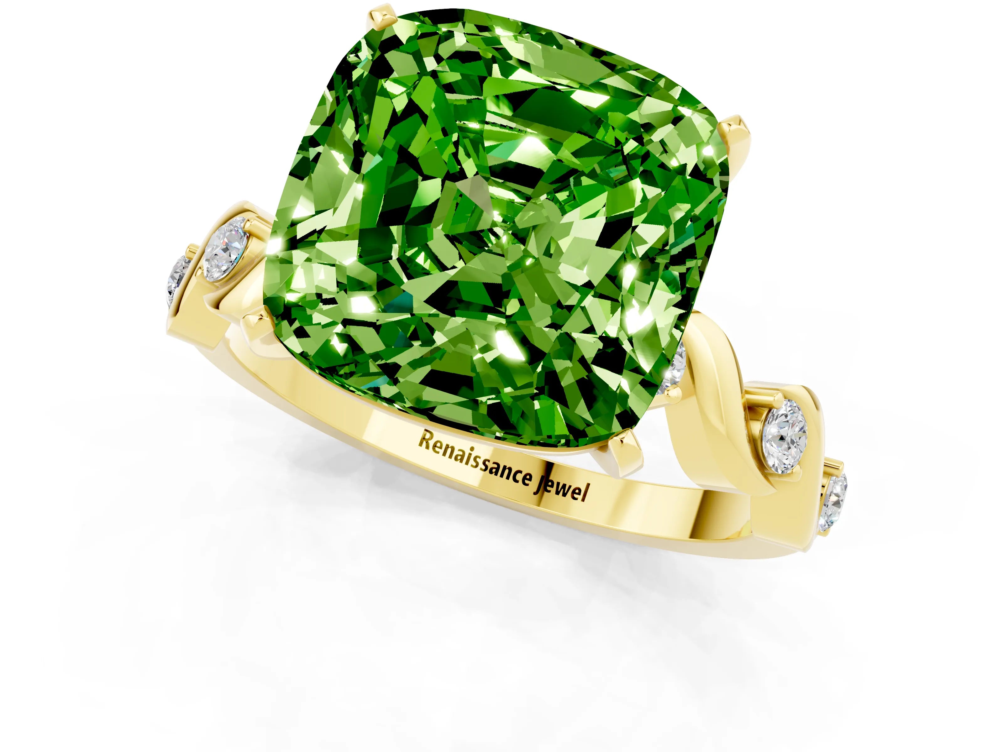 Yellow gold Cushion Cut Peridot Solitaire Twisted Band with Round  Accents and Prong Setting_13