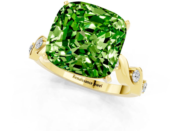 Yellow gold Cushion Cut Peridot Solitaire Twisted Band with Round  Accents and Prong Setting