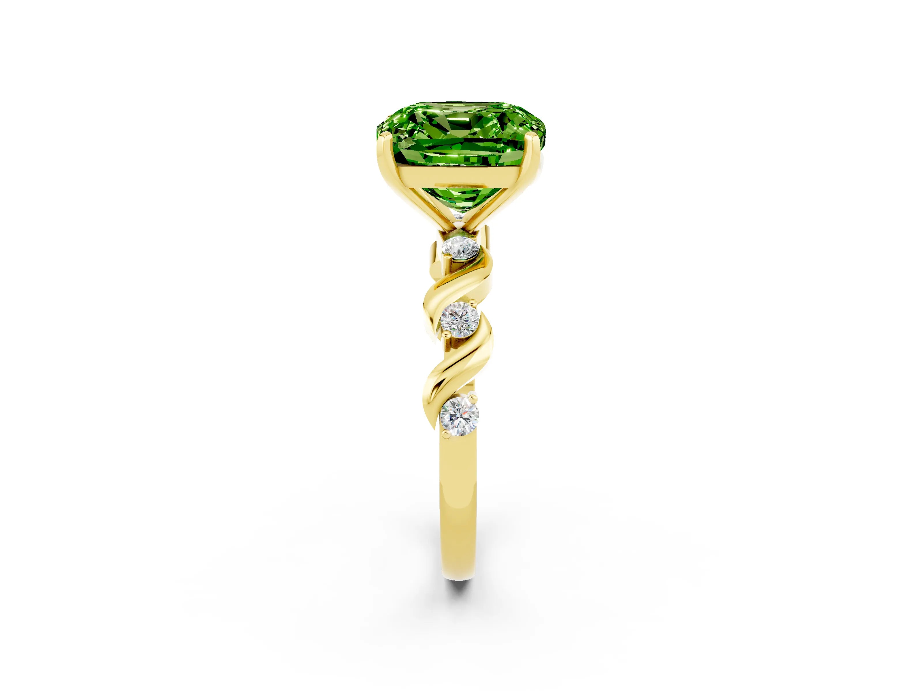 Yellow gold Cushion Cut Peridot Solitaire Twisted Band with Round  Accents and Prong Setting_14