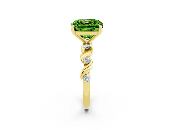 Yellow gold Cushion Cut Peridot Solitaire Twisted Band with Round  Accents and Prong Setting