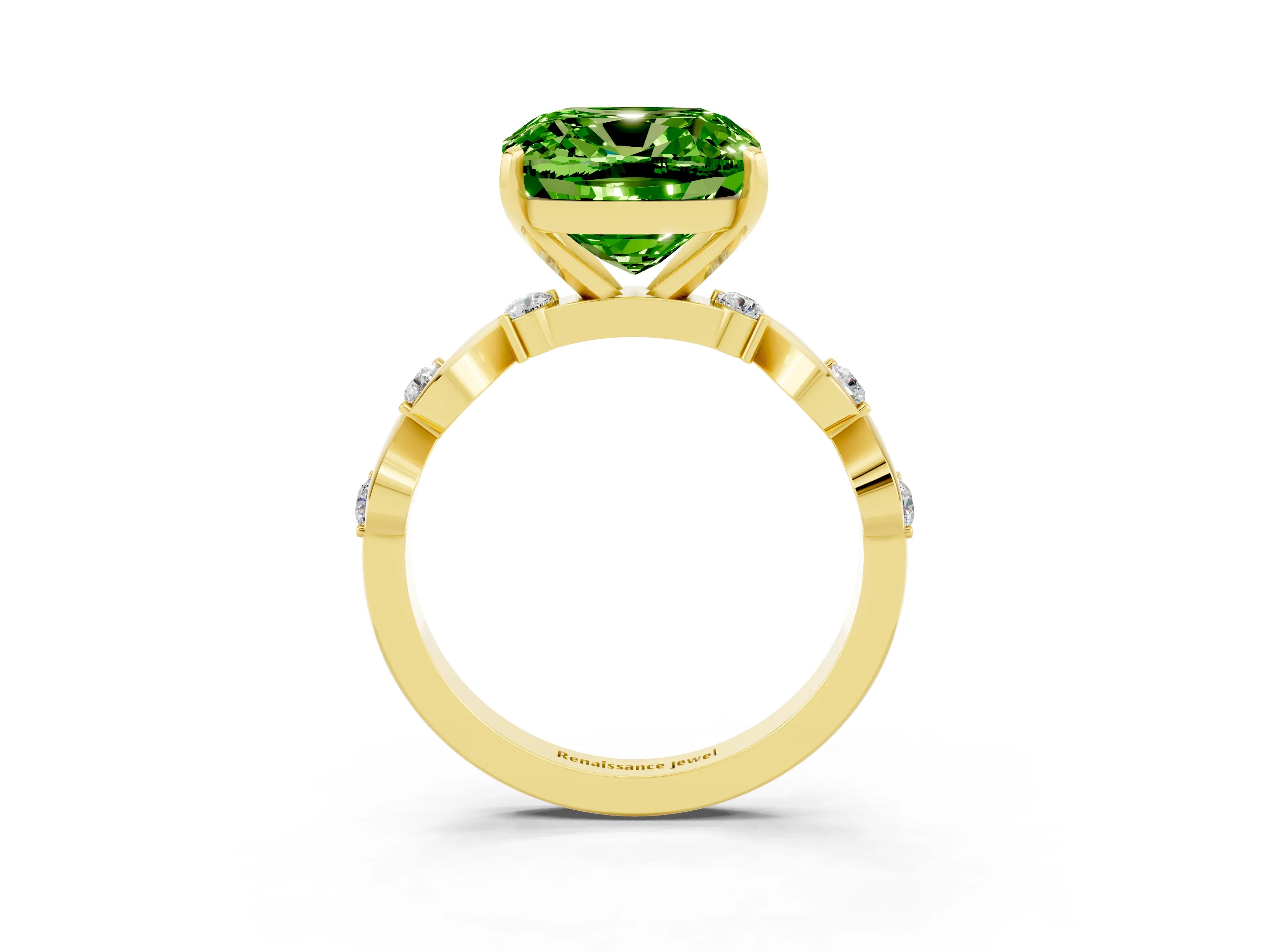 Yellow gold Cushion Cut Peridot Solitaire Twisted Band with Round  Accents and Prong Setting_15