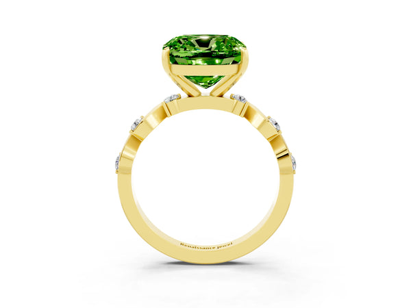 Yellow gold Cushion Cut Peridot Solitaire Twisted Band with Round  Accents and Prong Setting