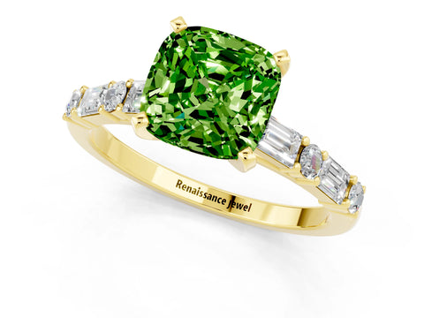 Yellow gold Cushion Cut Peridot Solitaire with Side Baguettes and Channel Set Band_1
