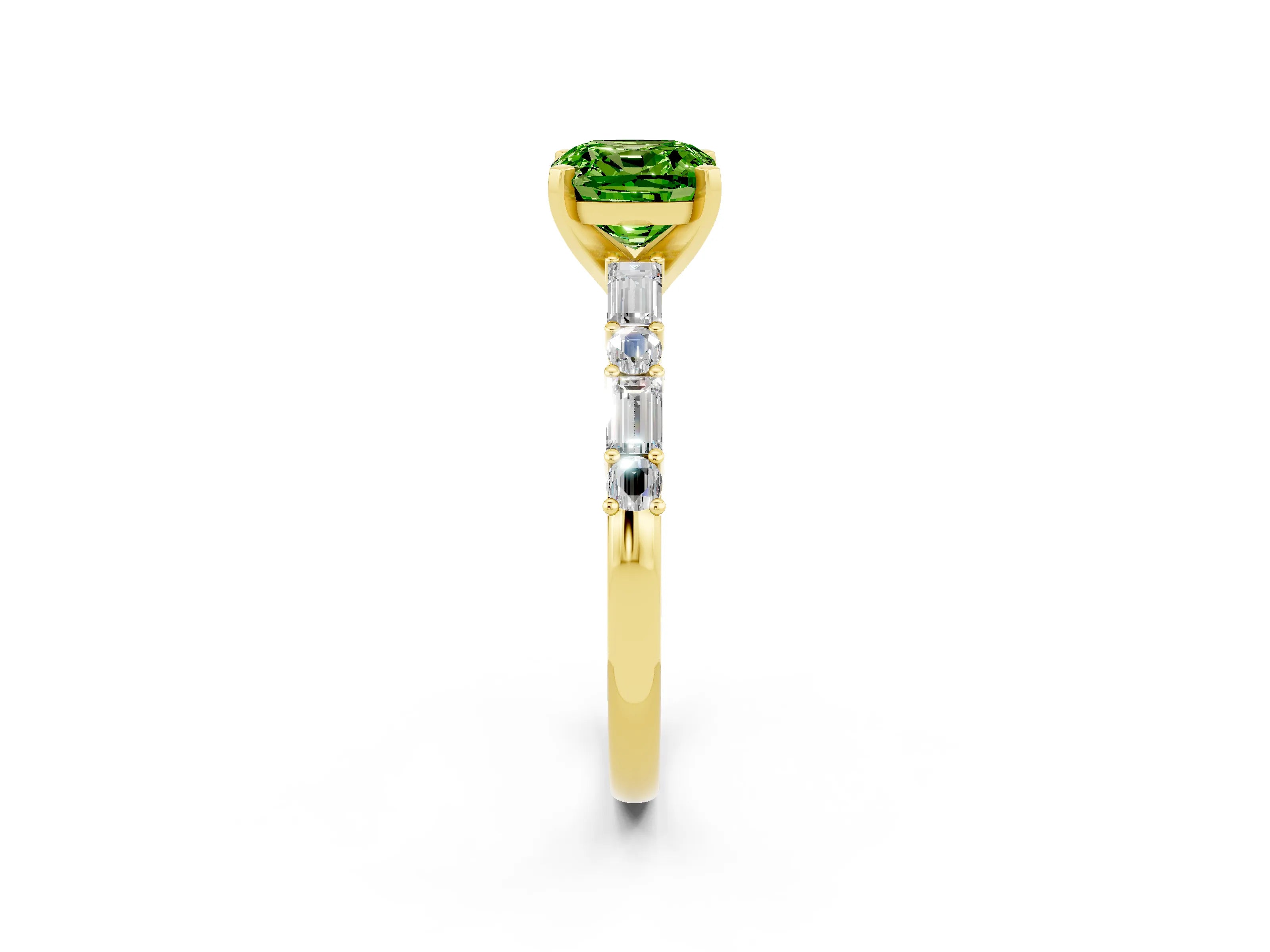 Yellow gold Cushion Cut Peridot Solitaire with Side Baguettes and Channel Set Band_2