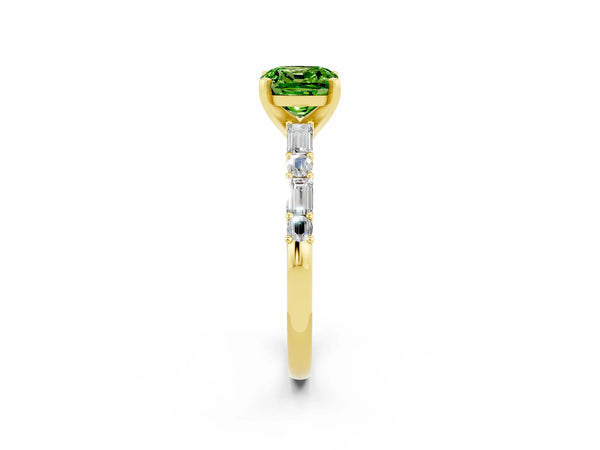 Yellow gold Cushion Cut Peridot Solitaire with Side Baguettes and Channel Set Band