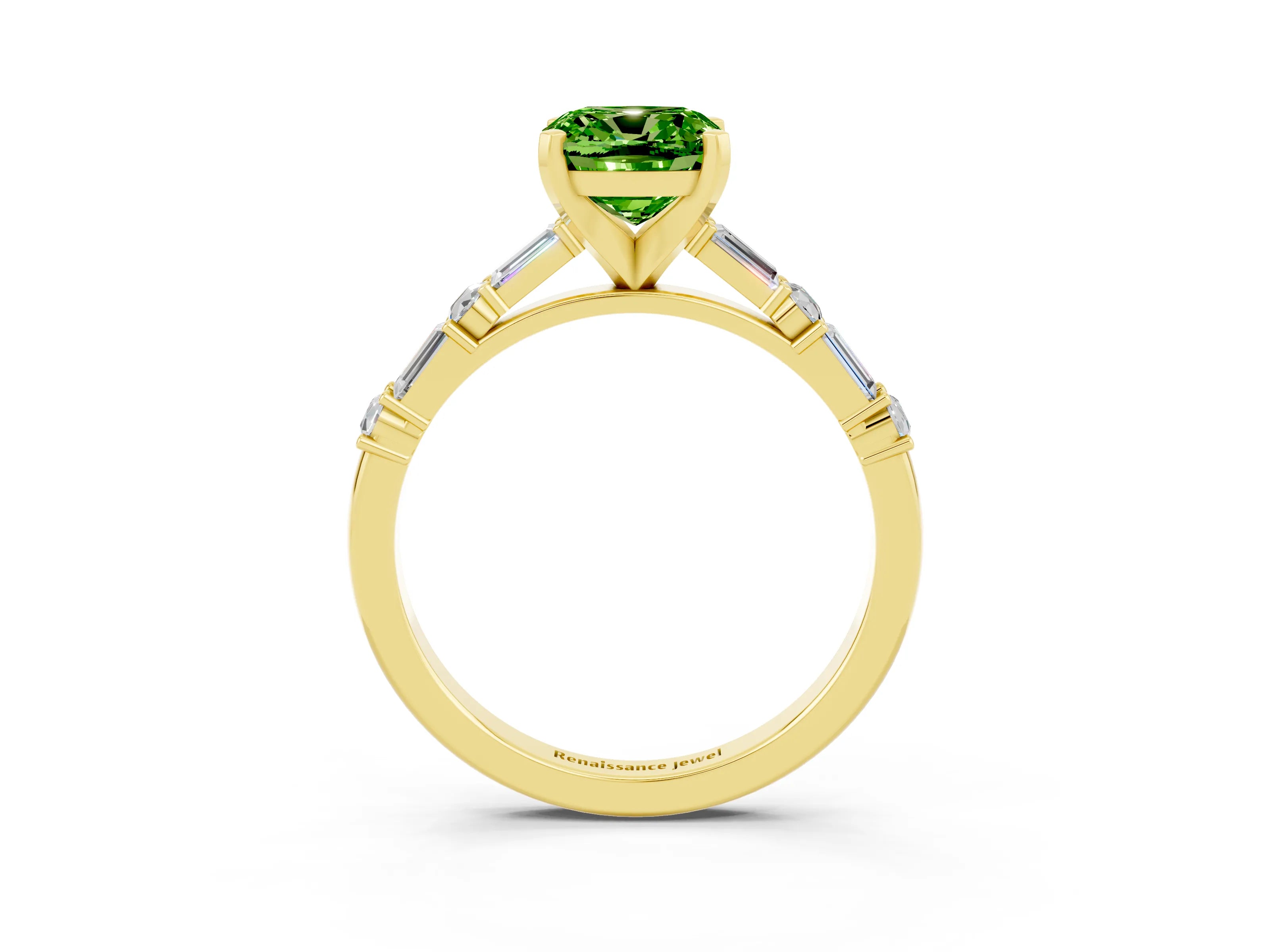 Yellow gold Cushion Cut Peridot Solitaire with Side Baguettes and Channel Set Band_3
