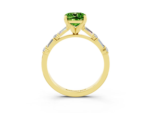 Yellow gold Cushion Cut Peridot Solitaire with Side Baguettes and Channel Set Band