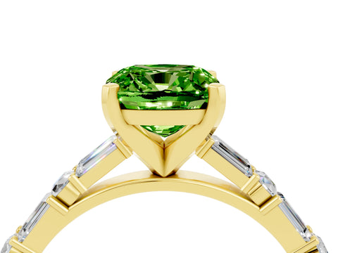 Yellow gold Cushion Cut Peridot Solitaire with Side Baguettes and Channel Set Band_4
