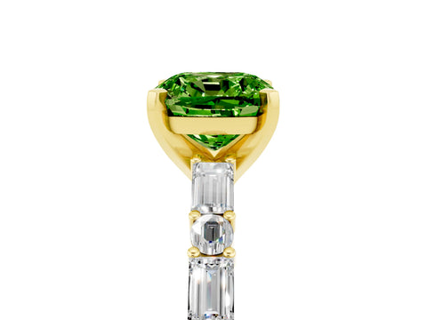 Yellow gold Cushion Cut Peridot Solitaire with Side Baguettes and Channel Set Band_5