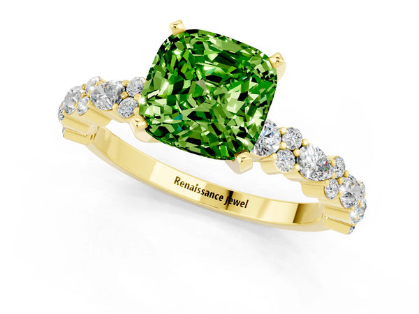 Yellow gold Cushion Cut Peridot Side Stone Solitaire Ring with Round  and Four-Prong Setting