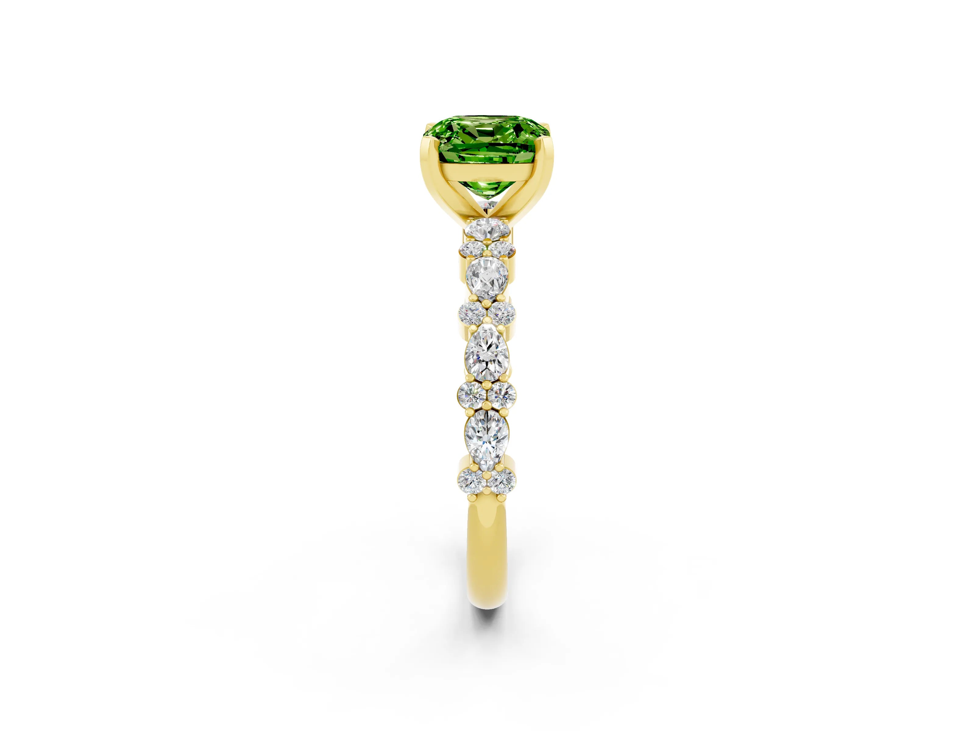 Yellow gold Cushion Cut Peridot Solitaire with Side Stones, Pave Band, Four-Prong Setting_38