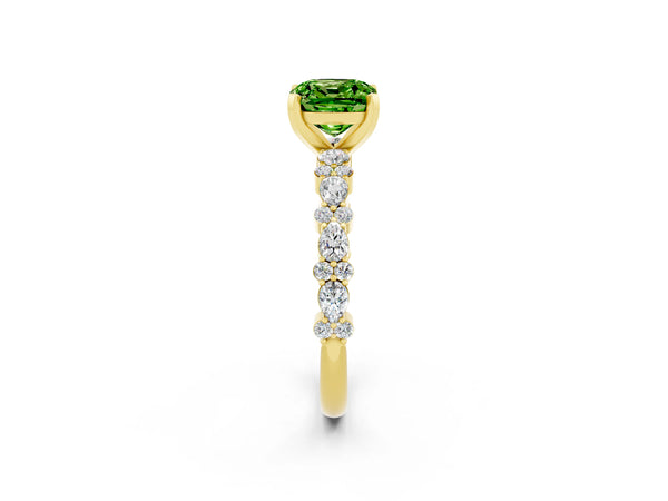 Yellow gold Cushion Cut Peridot Side Stone Solitaire Ring with Round  and Four-Prong Setting
