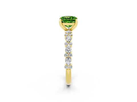 Yellow gold Cushion Cut Peridot Solitaire with Side Stones, Pave Band, Four-Prong Setting_38