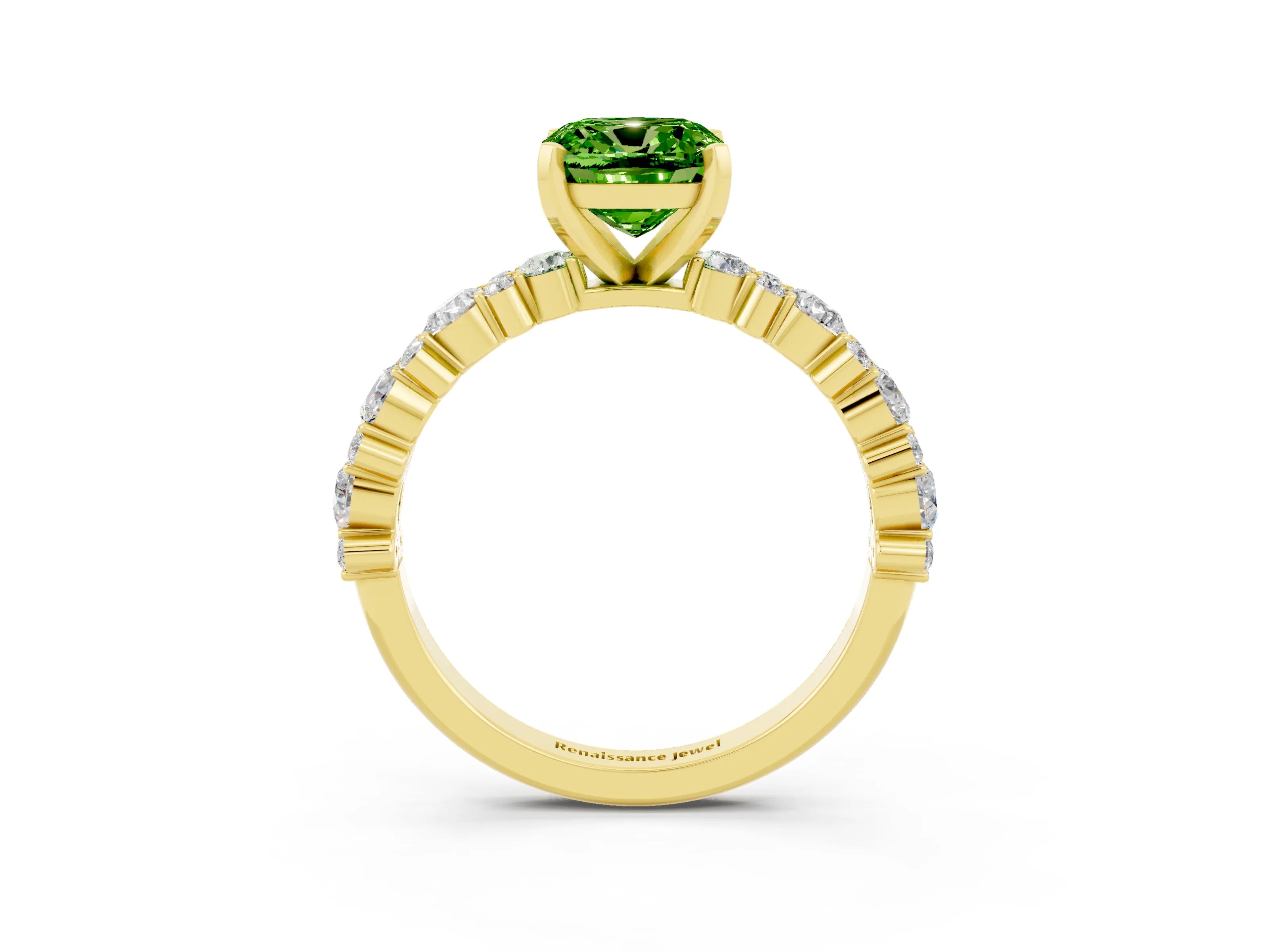 Yellow gold Cushion Cut Peridot Solitaire with Side Stones, Pave Band, Four-Prong Setting_39