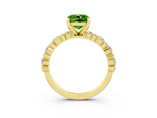 Yellow gold Cushion Cut Peridot Side Stone Solitaire Ring with Round  and Four-Prong Setting