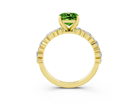 Yellow gold Cushion Cut Peridot Solitaire with Side Stones, Pave Band, Four-Prong Setting_39