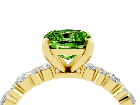 Yellow gold Cushion Cut Peridot Solitaire with Side Stones, Pave Band, Four-Prong Setting_40