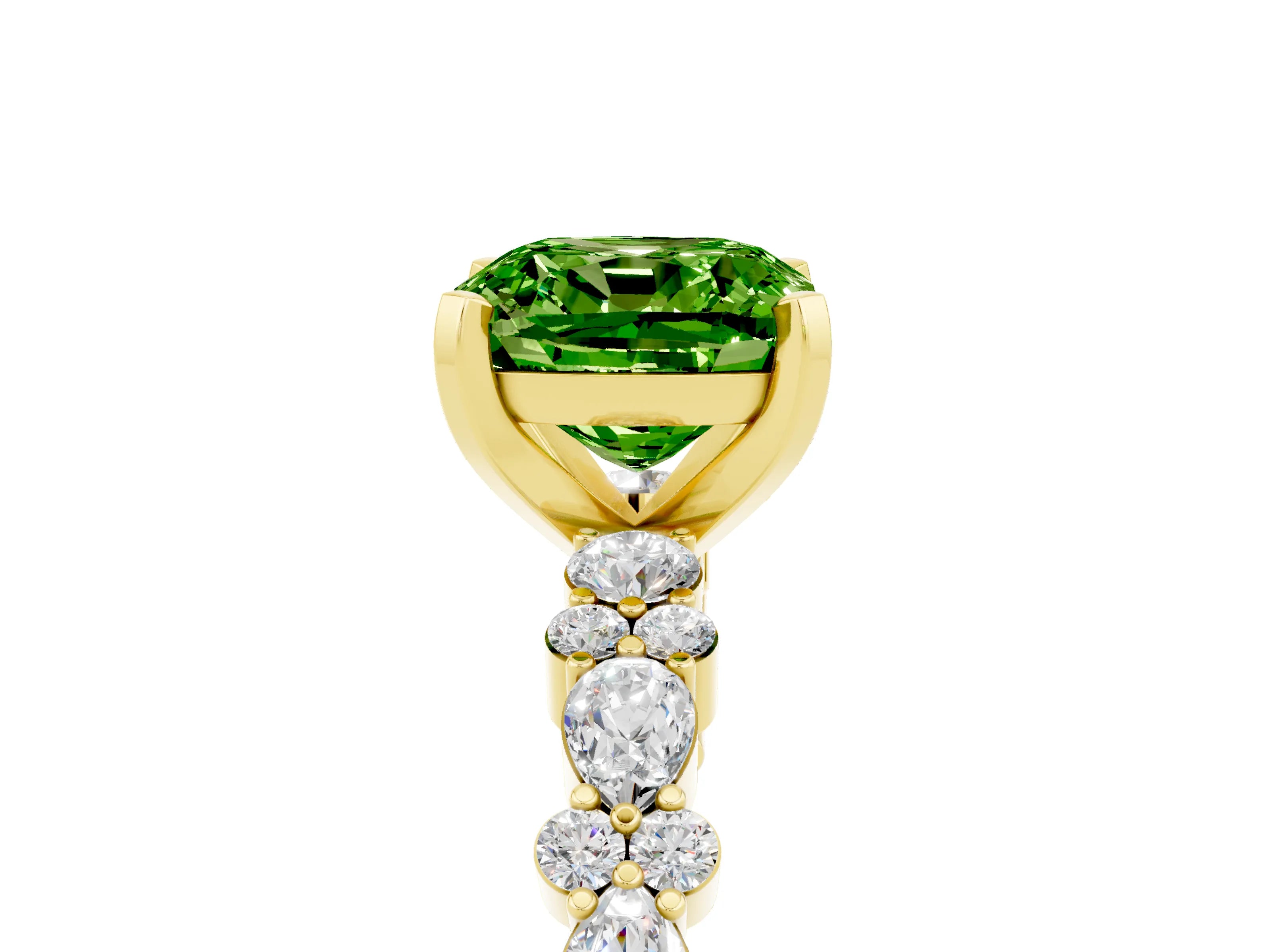 Yellow gold Cushion Cut Peridot Solitaire with Side Stones, Pave Band, Four-Prong Setting_41