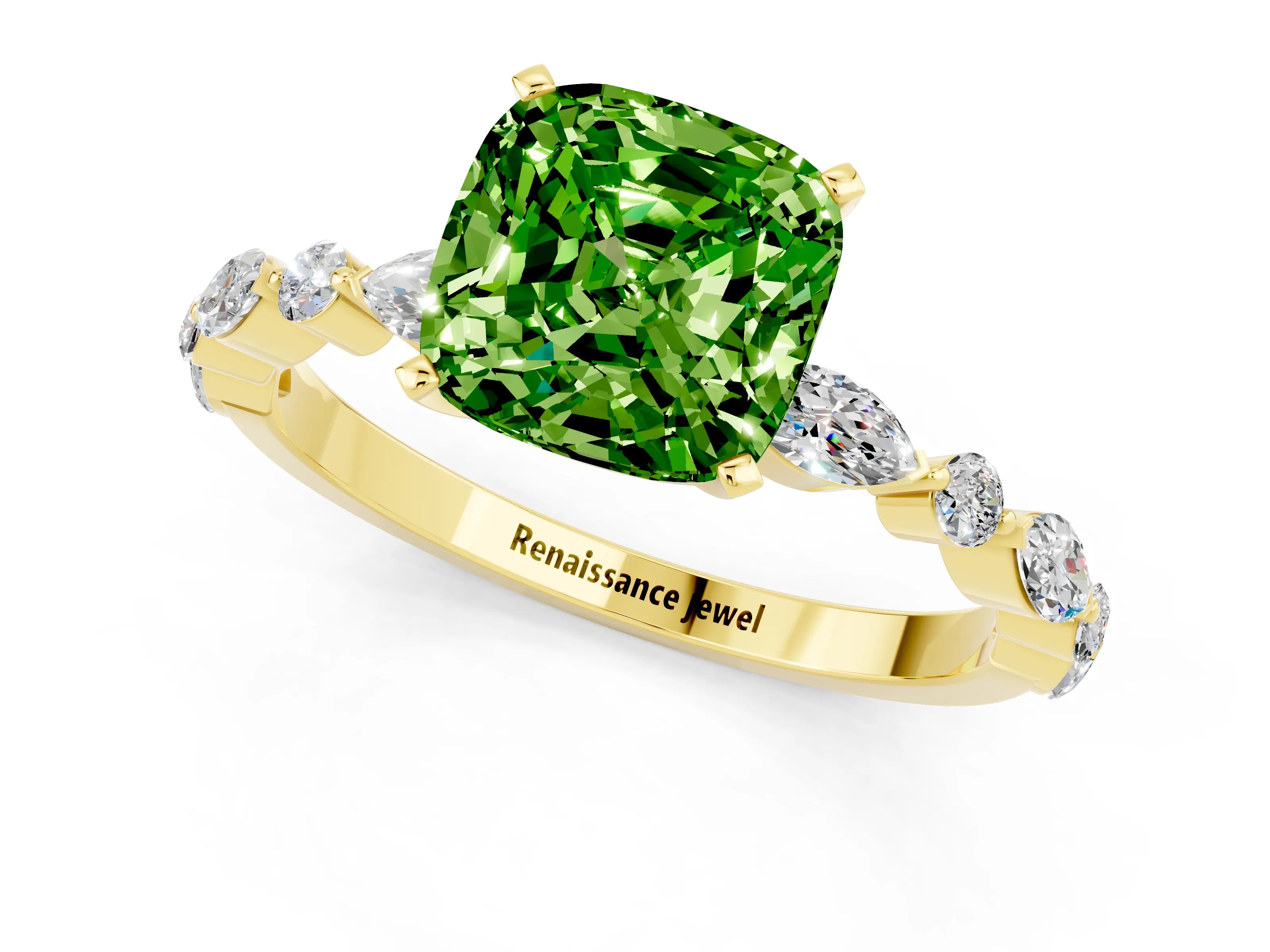 Yellow gold Cushion Cut Peridot Solitaire with Side Stones on a Pavé Band and Four-Prong Setting_1