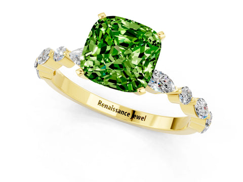 Yellow gold Cushion Cut Peridot Solitaire with Side Stones on a Pavé Band and Four-Prong Setting_1