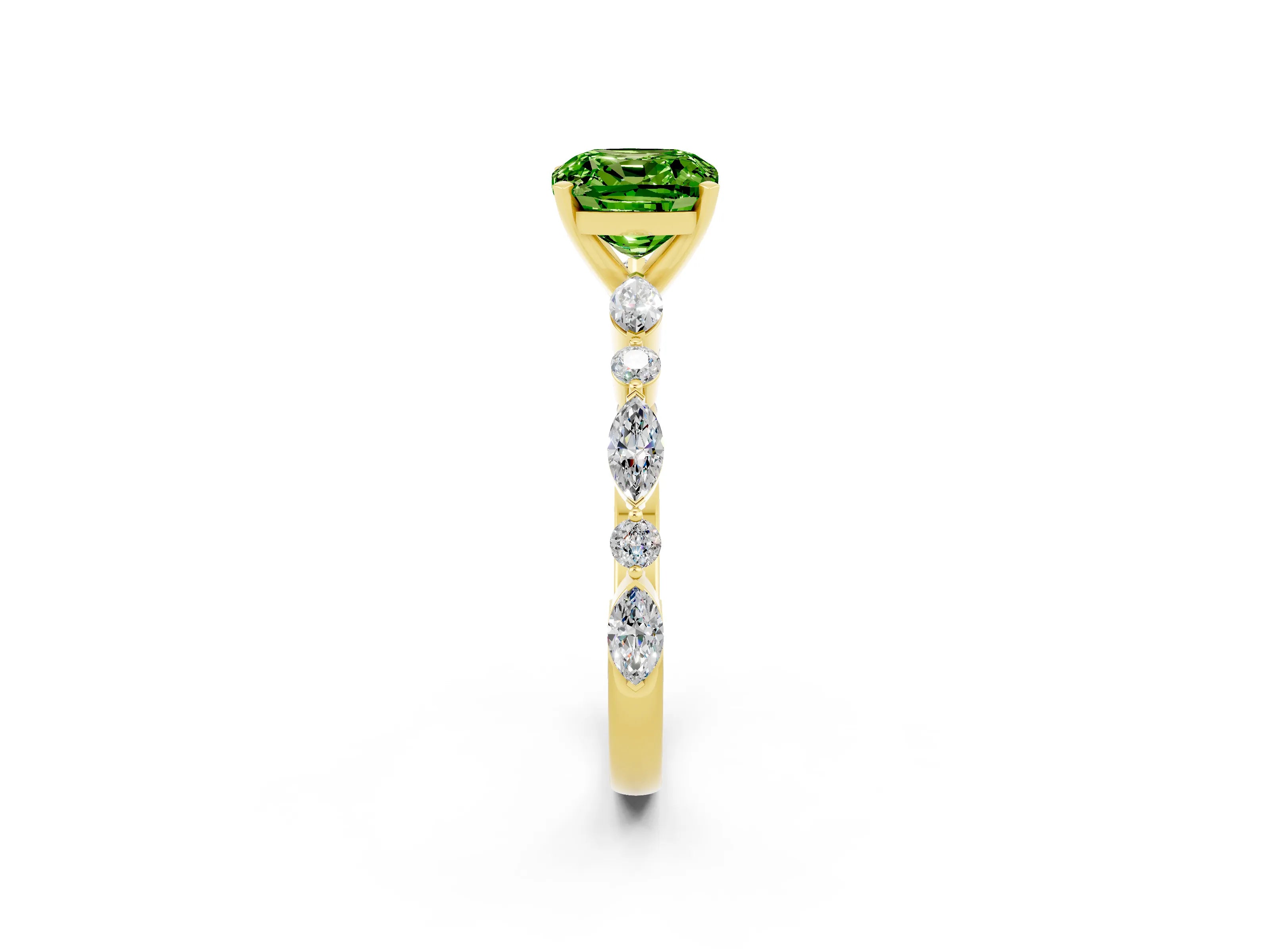 Yellow gold Cushion Cut Peridot Solitaire with Side Stones on a Pavé Band and Four-Prong Setting_2
