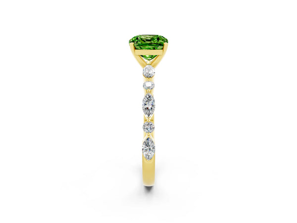 Yellow gold Cushion Cut Peridot Ring with Marquise and Round  Side Stones and Four-Prong Setting