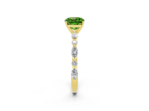 Yellow gold Cushion Cut Peridot Solitaire with Side Stones on a Pavé Band and Four-Prong Setting_2