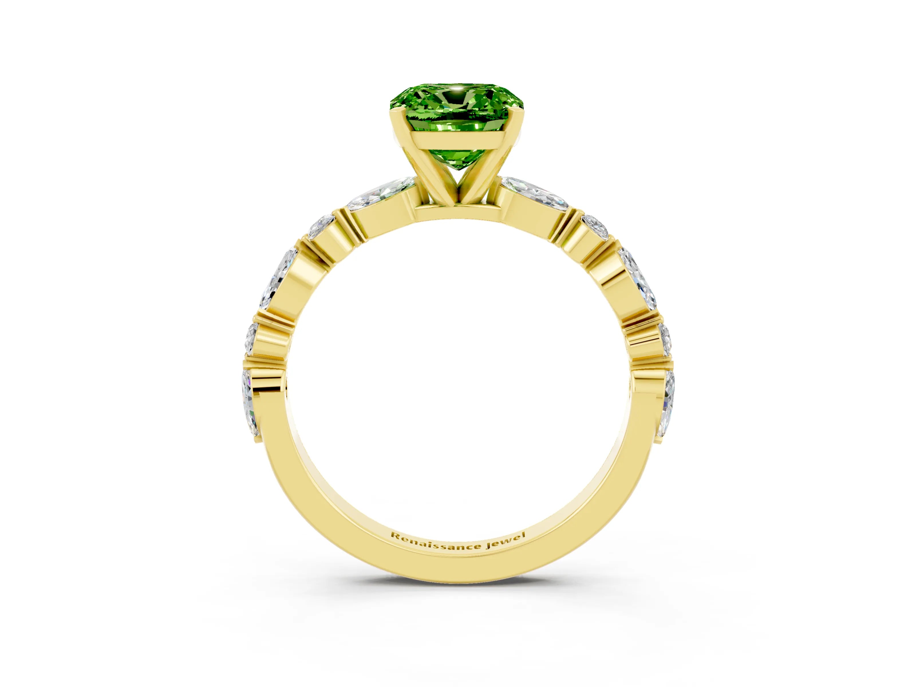 Yellow gold Cushion Cut Peridot Solitaire with Side Stones on a Pavé Band and Four-Prong Setting_3