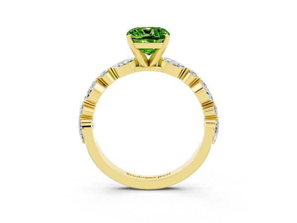 Yellow gold Cushion Cut Peridot Ring with Marquise and Round  Side Stones and Four-Prong Setting